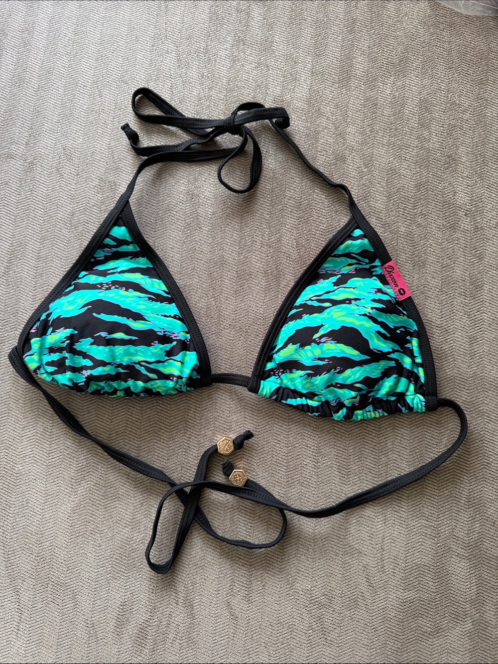 DIXXON Black Bikini Top with Teal & Aqua Print